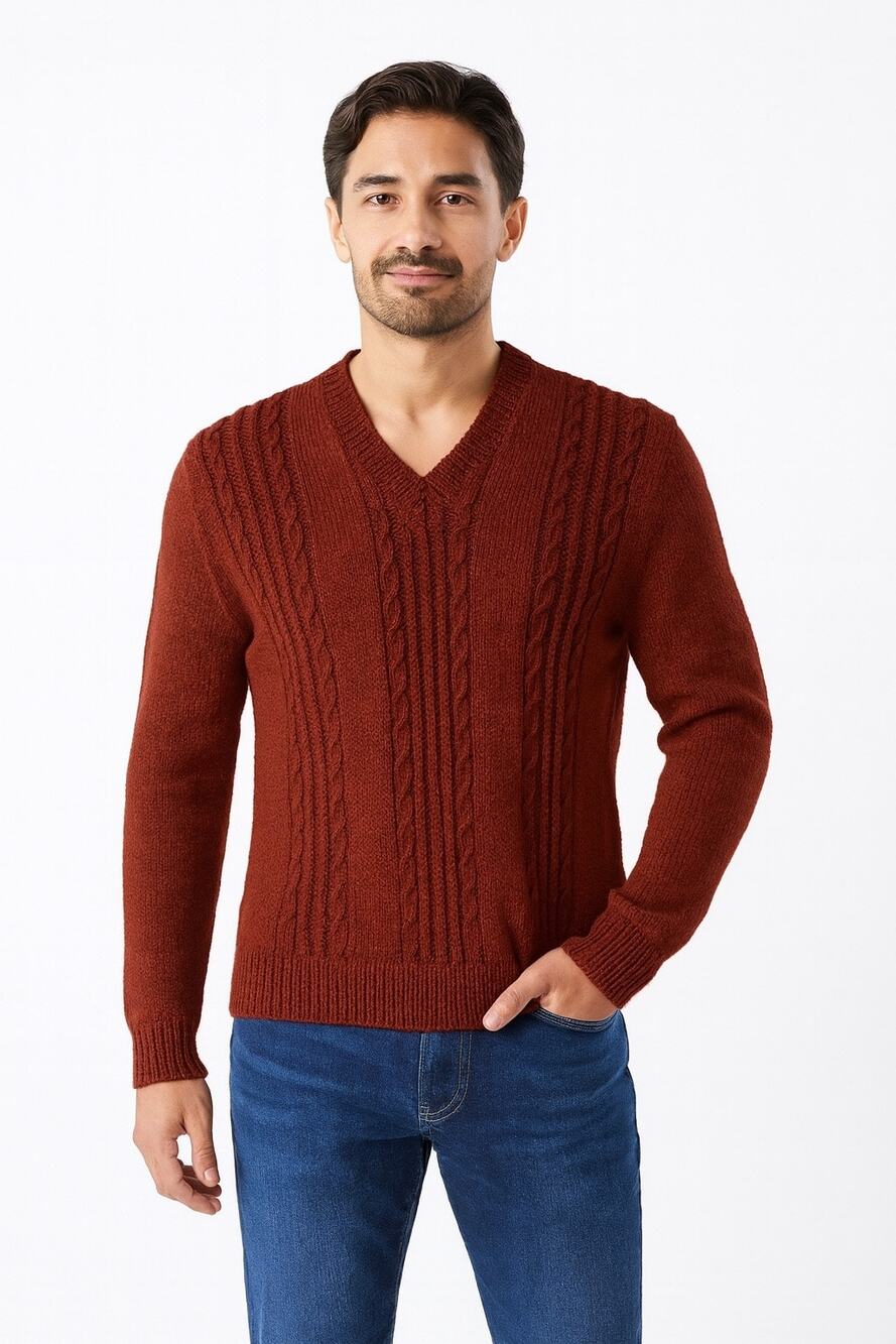 OOAK Hand Knit burgundy Wool Cable V-Neck Sweater Vintage Fisherman Style Medium